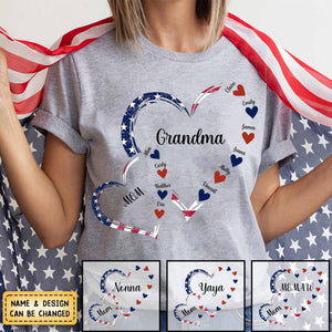 4th of July America Flag Heart Mom Grandma And Grandkids Hearts Personalized T-Shirt