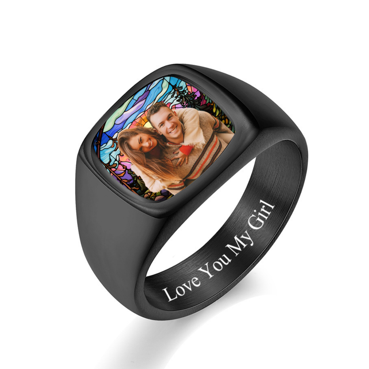 Love You Forever - Personalized Stained Glass Background Upload Photo Square Ring