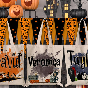 Personalized Halloween  Canvas Tote Bag - Pumpkin Witch Black Cat Castle Skeleton Ghost