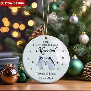 Engagement Ornament Gift - First Christmas Engaged Bauble, Penguin Custom Name Ceramic Ornament