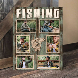 Personalized Fisherman Fishing Photo Collage Canvas Poster, Fishing Gifts For Men