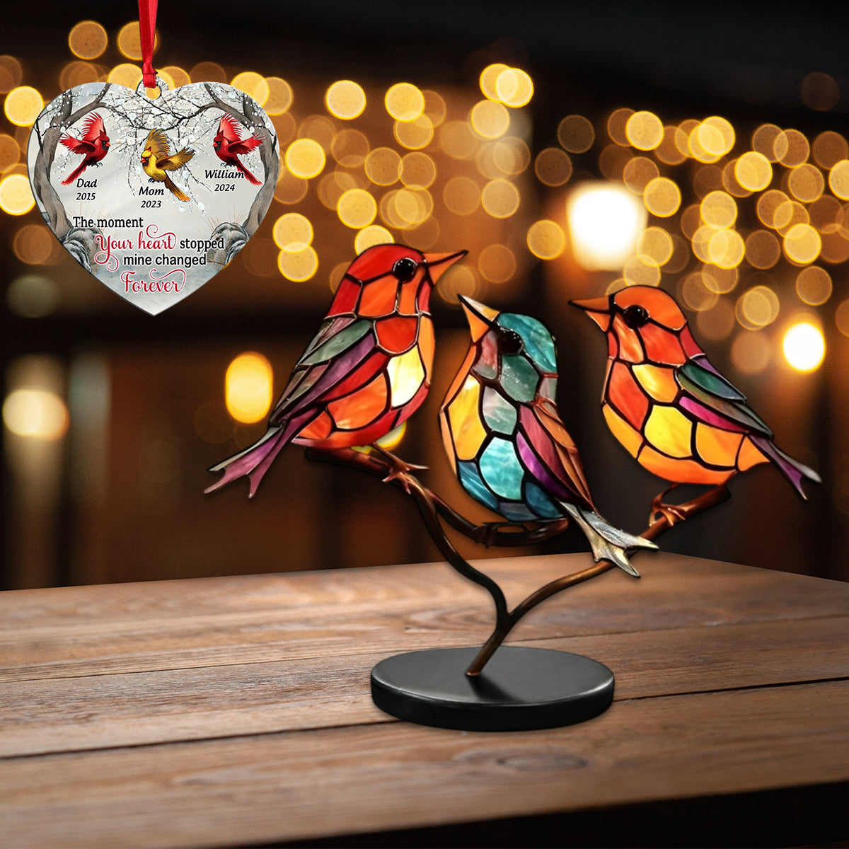 Memorial Stained Glass Birds on Branch Desktop Ornaments,Personalized Acrylic Memorial Cardinal Ornament