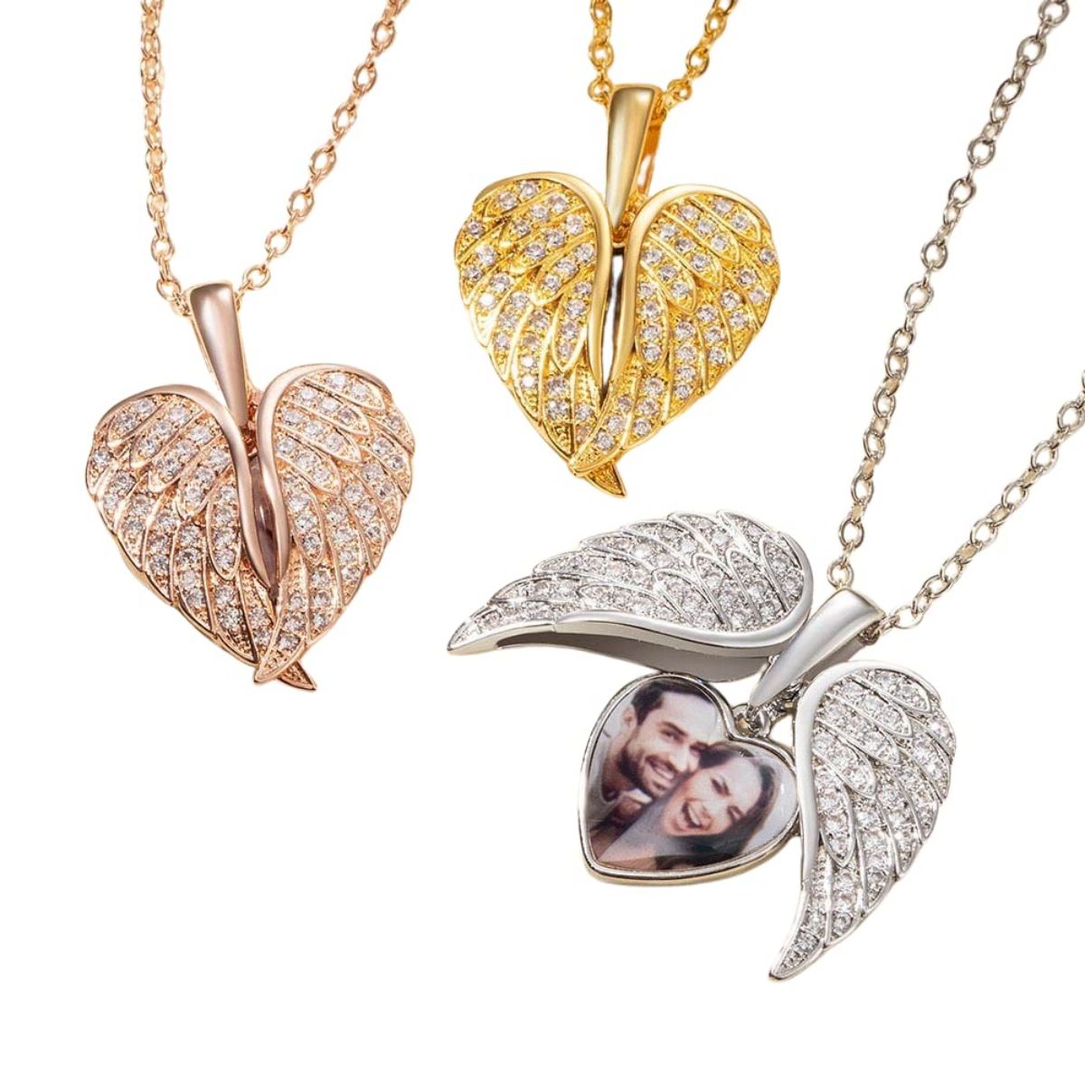 Personalized Heart Shaped Angel Wings Photo Memorial Necklace