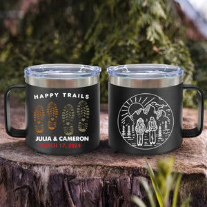 Happy Trails Adventure Awaits Hiking Camping Couple Gift - Personalized 14oz Stainless Steel Tumbler With Handle