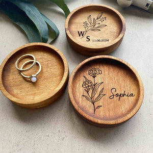 Personalized Round Wood Ring Dish, Engagement Ring Holder, Wedding Ring Dish