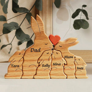 Personalized Wooden Bunny Family Puzzle, Art Carvings Gift For Family