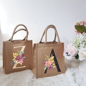 Personalized Alphabet Letter Floral Monogram Name Jute Tote Bag