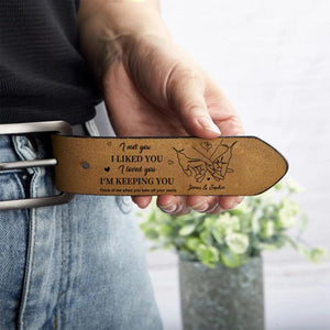 Personalized I Liked You Holding Hands Men's Casual Buckle Leather Belt with Engraved Name Gift for Husband Boyfriend