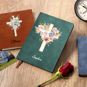 Personalized Watercolor Cross 1-5 Birth Flowers Leather Church Notebook with Name for Bible Study Birthday Religious