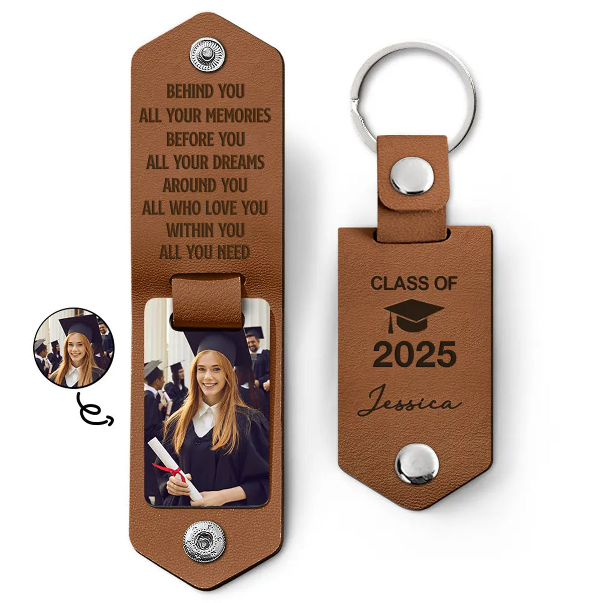 Let The Journey Begin Graduation Gift - Personalized Leather Photo Keychain