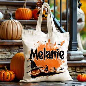 Personalized Halloween  Canvas Tote Bag - Pumpkin Witch Black Cat Castle Skeleton Ghost