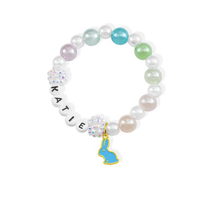 Personalized Cute Pearl Beaded Stretch Name Bracelet with Bunny Charm Easter Gift for Kids