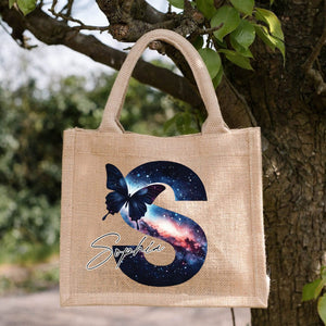 Personalized Sparkling Stars Butterfly Monogram Name Jute Tote Bag