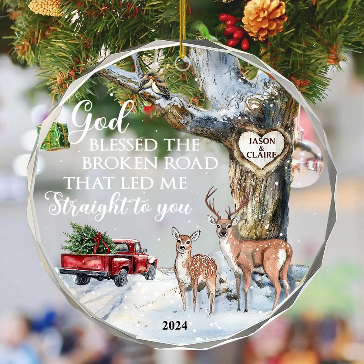 God Blessed The Broken Road – Gift For Couple Personalized Christmas Glass Ornament Holiday Decoration