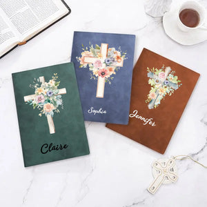 Personalized Watercolor Cross 1-5 Birth Flowers Leather Church Notebook with Name for Bible Study Birthday Religious