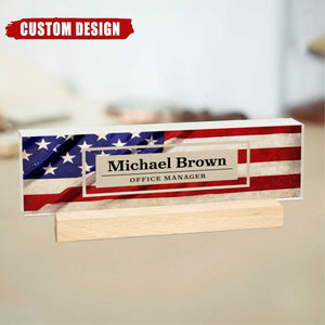 Personalized USA Flag Desk Name Plate, Patriotic Clear Acrylic Desk Plaque