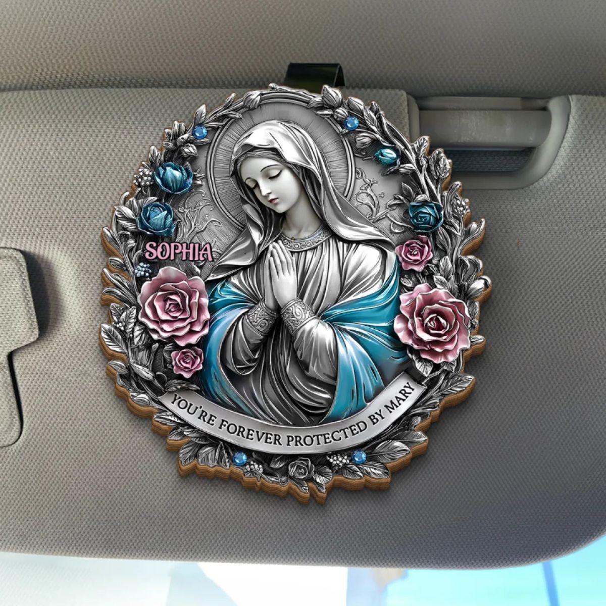 You're Forever Protected By Mary - Memorial Personalized Custom Car Visor Clip