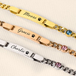 Engraved Pet Paw Name Birthstone Bracelet - Personalized Stainless Steel Bracelet