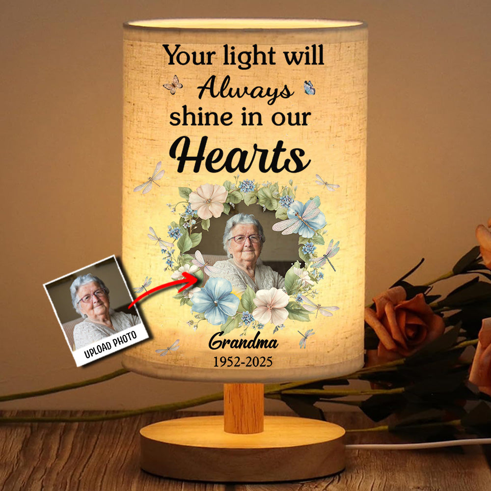 Your Light Will Always Shine In Our Hearts - Personalized Memorial Tableside Lamp With Wood Base