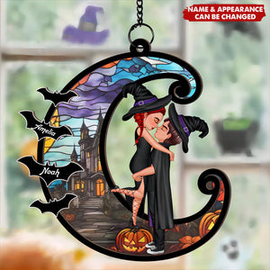 Halloween Couple Hugging Kissing On Moon - Personalized Window Hanging Suncatcher Ornament