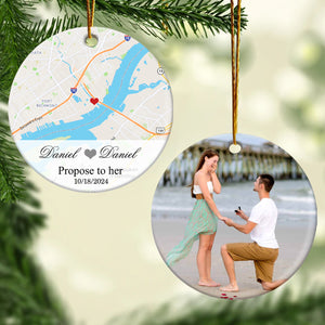 Engagement Ornament - Custom Map & Photo Gift Ceramic Ornament