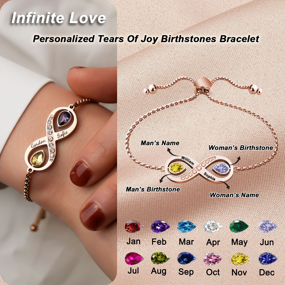 Infinite Love - Personalized Tears Of Joy Birthstones Bracelet