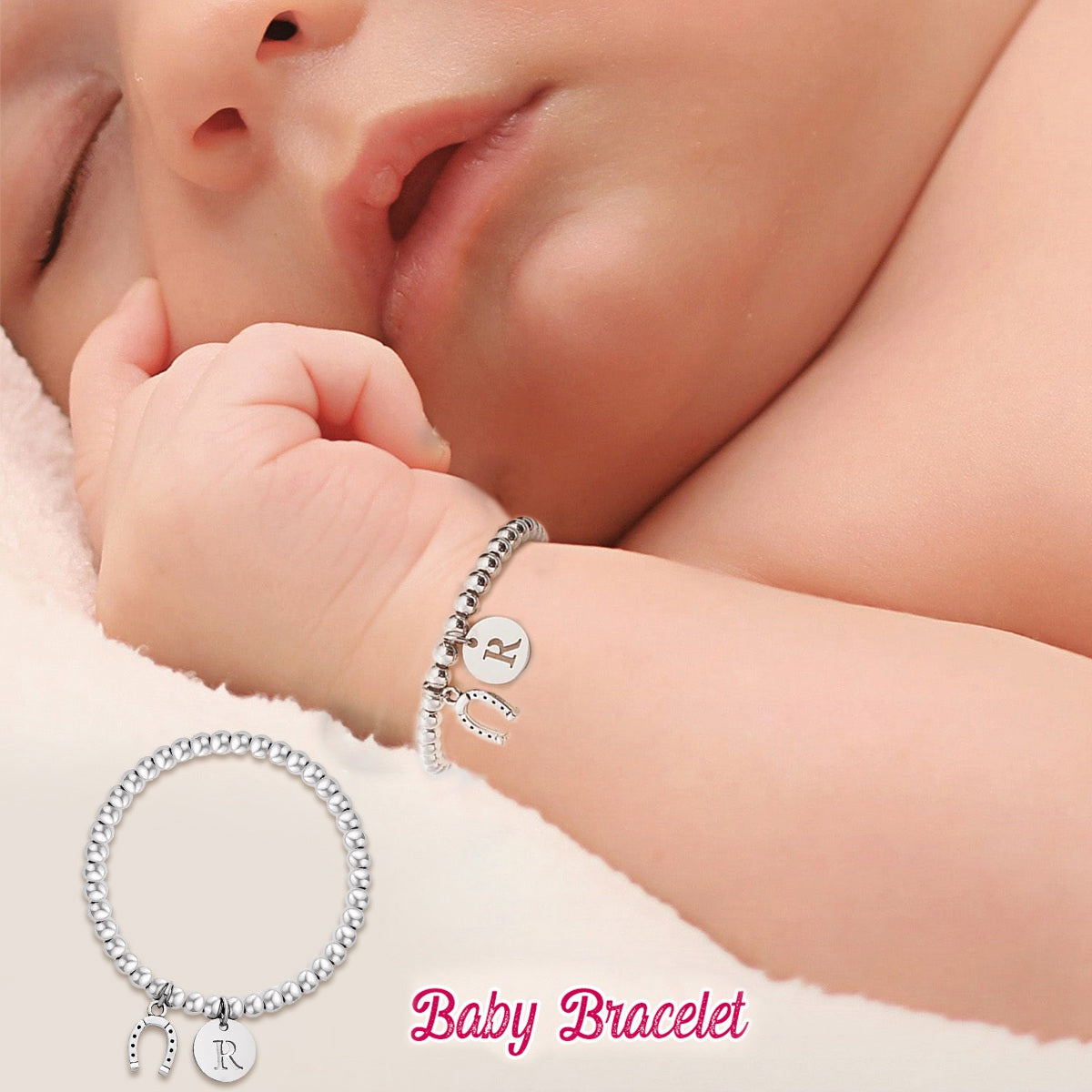 Personalized Lucky Horseshoe Elastic Bead Bracelet with Initial Birthday Baptism Gift for Kids