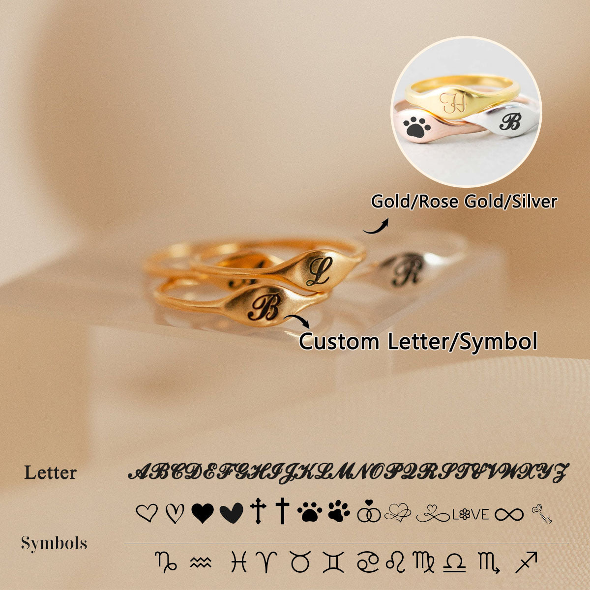 Personalized Symbols, Capital Letter Ring, Stacked Ring Gift For Her, Mother, Bridesmaid, Girlfriend