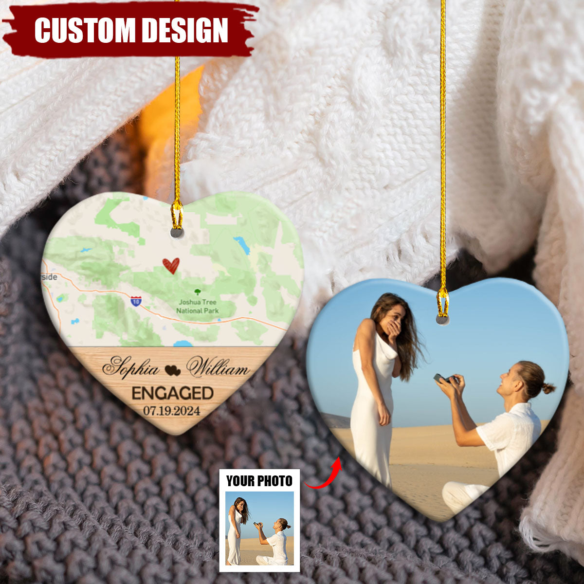 Engagement Ornament - Custom Map & Photo Gift Heart-shaped Ceramic Ornament