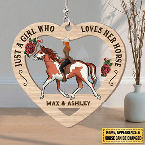 Girl Loves Her Horses Heart Shaped Personalized Wooden Ornament