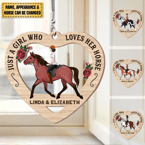 Girl Loves Her Horses Heart Shaped Personalized Wooden Ornament