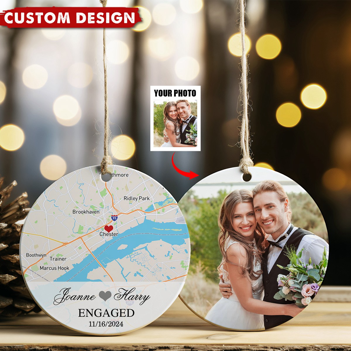 Engagement Ornament - Custom Map & Photo Gift Ceramic Ornament