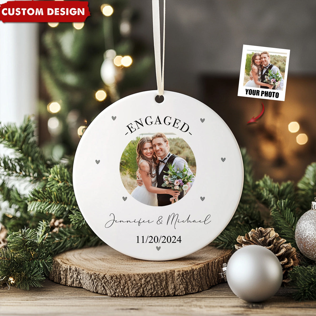 Engagement Ornament - Custom Photo Gift Ceramic Ornament