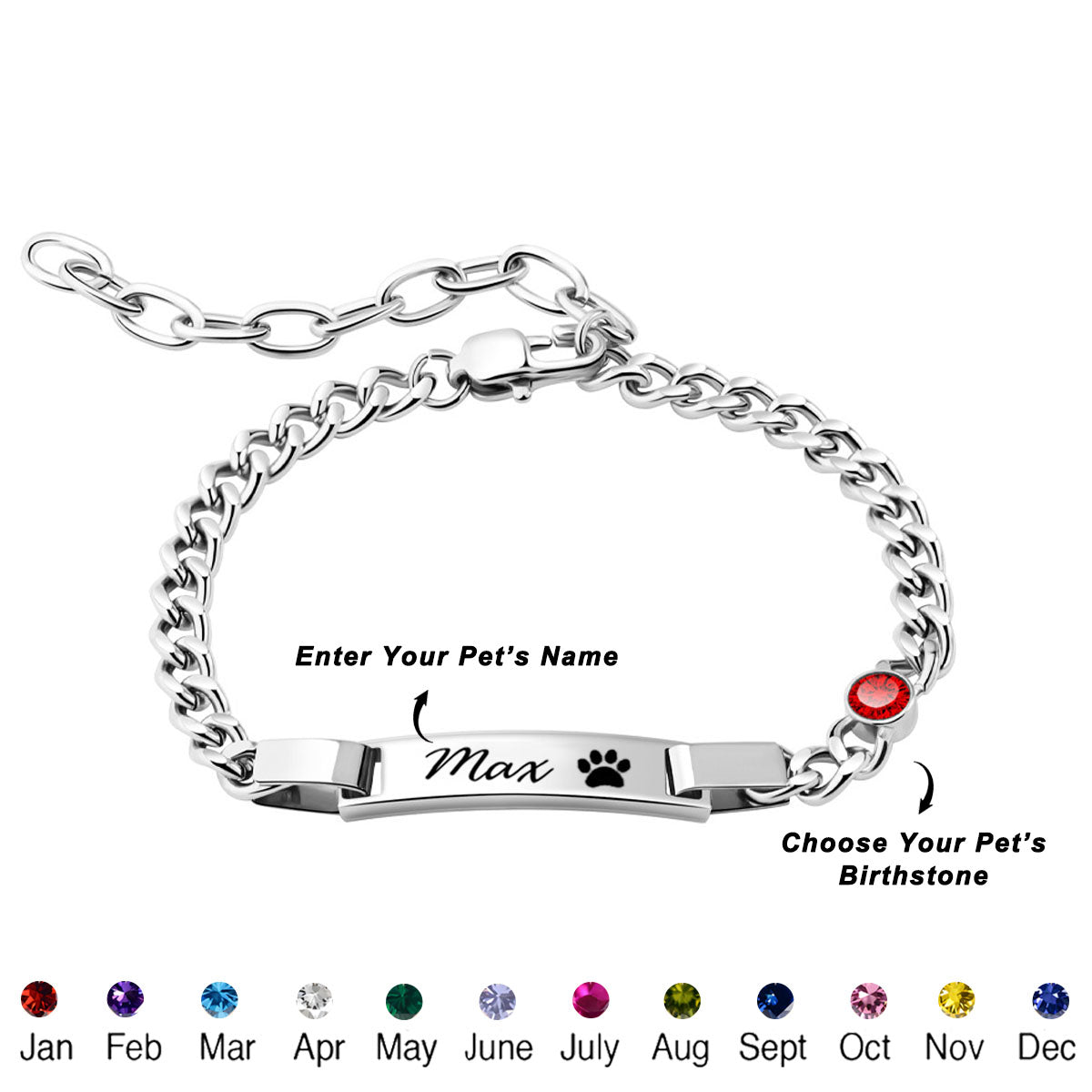 Engraved Pet Paw Name Birthstone Bracelet - Personalized Stainless Steel Bracelet