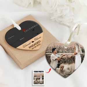 Engagement Ornament - Custom Map & Photo Gift Heart-shaped Ceramic Ornament