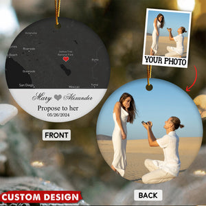 Engagement Ornament - Custom Map & Photo Gift Ceramic Ornament