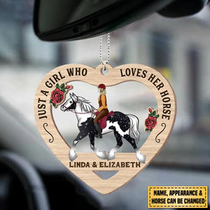 Girl Loves Her Horses Heart Shaped Personalized Wooden Ornament