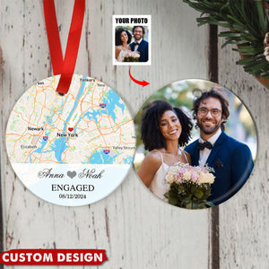 Engagement Ornament - Custom Map & Photo Gift Ceramic Ornament