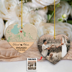 Engagement Ornament - Custom Map & Photo Gift Heart-shaped Ceramic Ornament