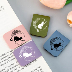 Personalized Cat Moon Birth Flower Magnetic Leather Bookmark Clip With Name