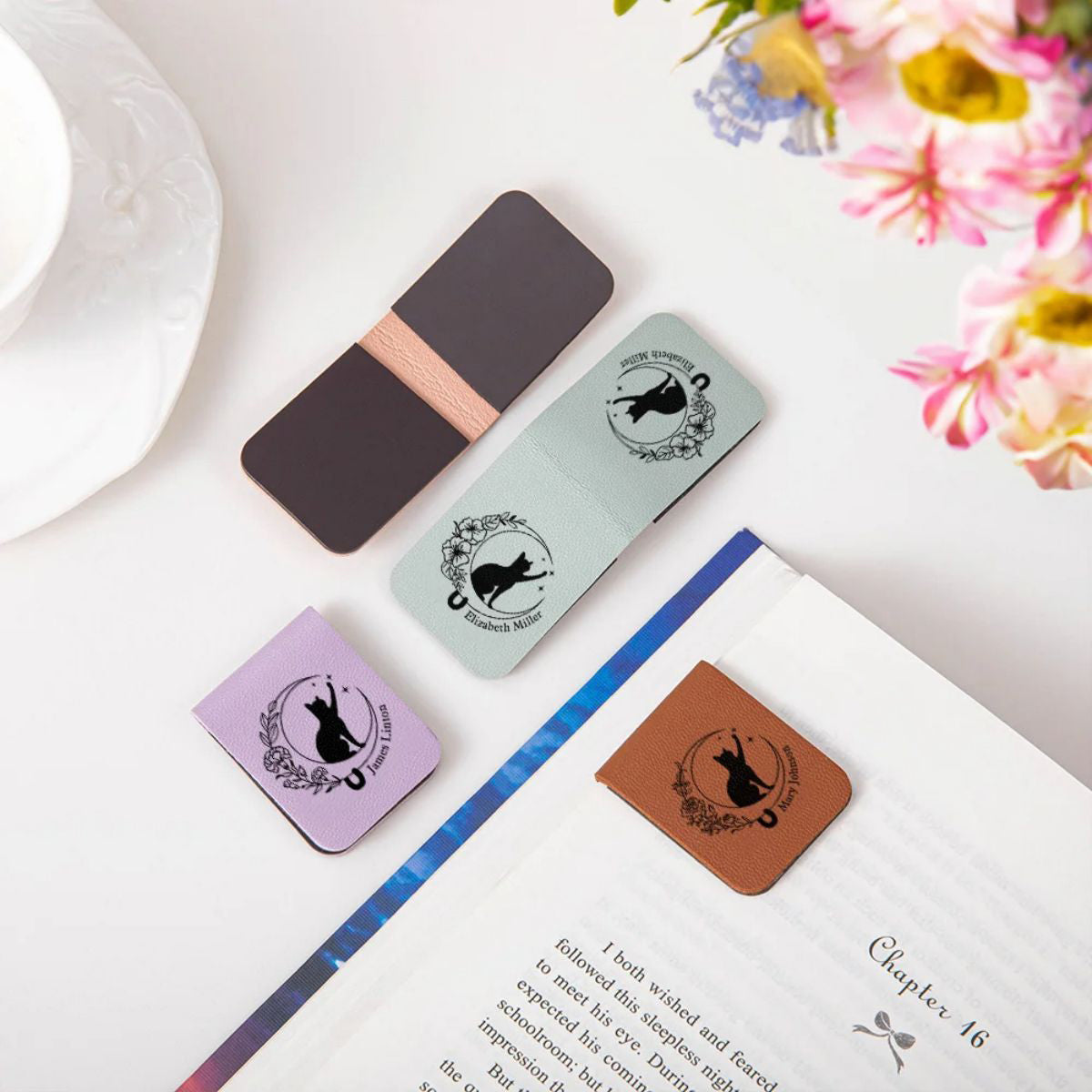 Personalized Cat Moon Birth Flower Magnetic Leather Bookmark Clip With Name