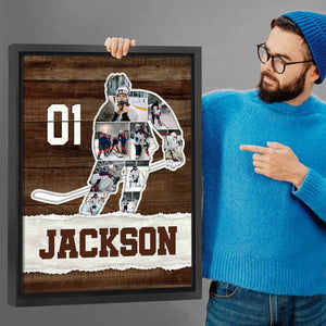 Ice Hockey Photo Collage Canvas Poster, Personalized Hockey Player Gift