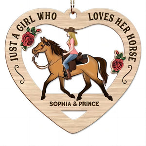 Girl Loves Her Horses Heart Shaped Personalized Wooden Ornament