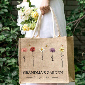 Personalized Grandma's Garden Love Grows Here Vintage Birth Flowers Jute Tote Bag