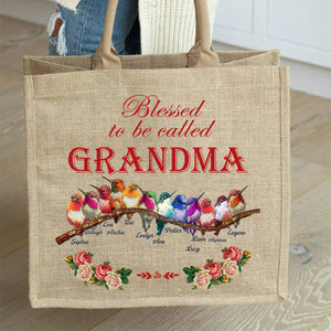 Personalized Blessed Bird Grandma Kids Flower Jute Tote Bag