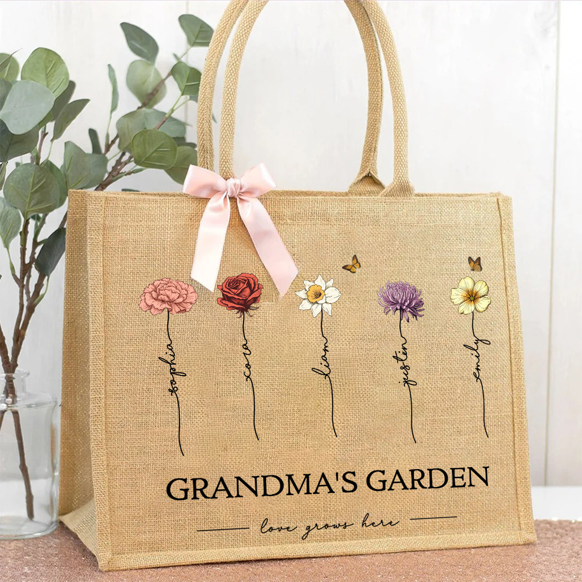 Personalized Grandma's Garden Love Grows Here Vintage Birth Flowers Jute Tote Bag