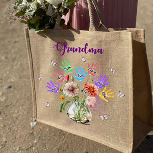 Personalized Grandma Flower Handprint Kids Beach Jute Tote Bag