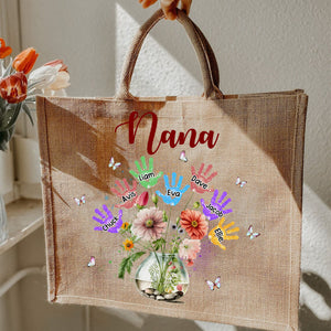 Personalized Grandma Flower Handprint Kids Beach Jute Tote Bag