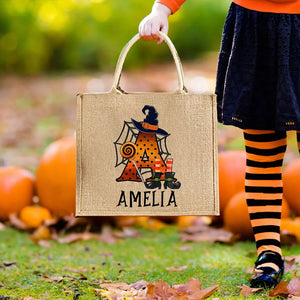 Personalized Pumpkin Bat Spider Web Trick Or Treat Jute Tote Bag Halloween A Gift For A Child