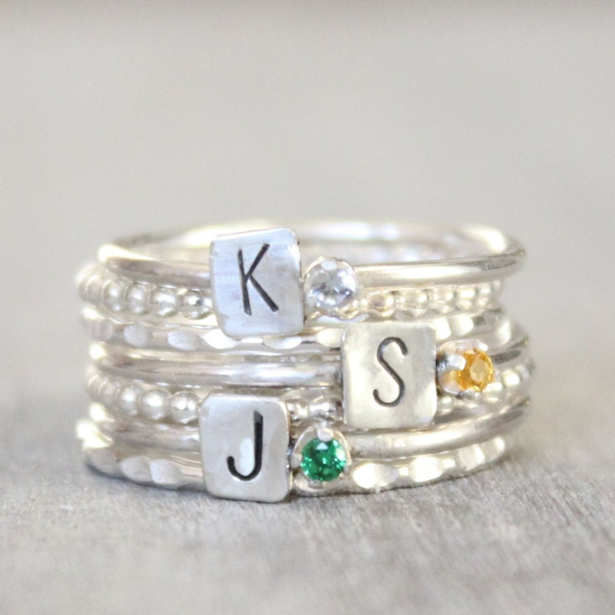 Personalized Birthstone Ring with Initials Stacking Rings - Mother's Rings